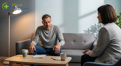 Мужчина сидит на приеме в кабинете у врача